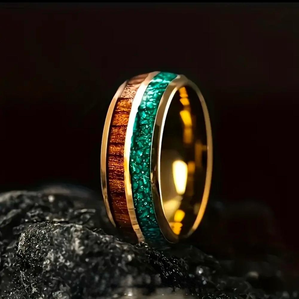 Men’s Gold Polished Stained Steel Natural Stone Inlay Ring Band size 11 12 13